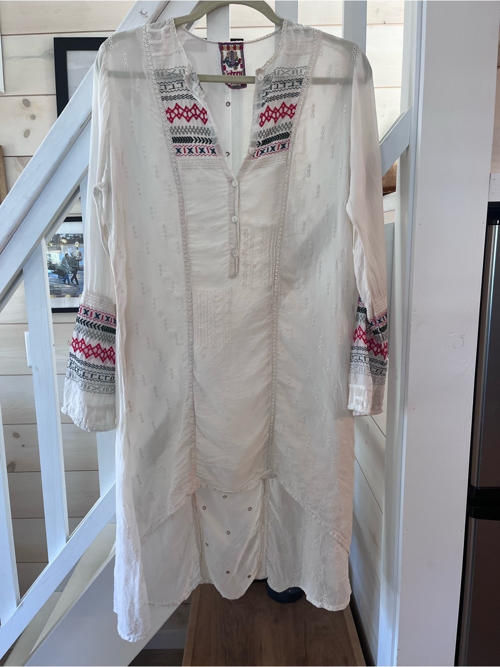 Johnny Was White Boho Tunic Dress with Red & Gray Embroidery